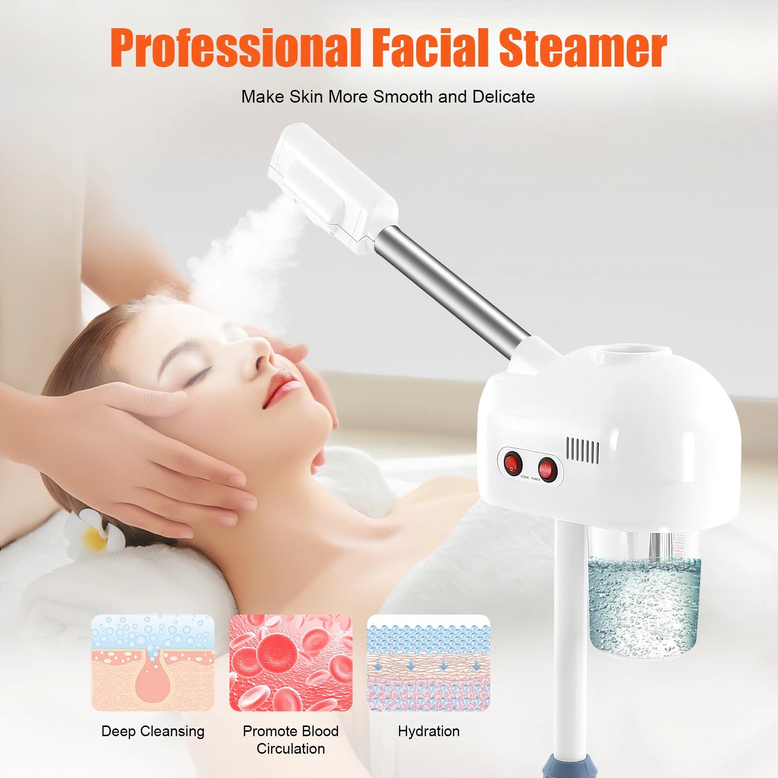 750ml Ozone Facial Steamer Height Adjustable Sprayer 360° Rotatable Movable
